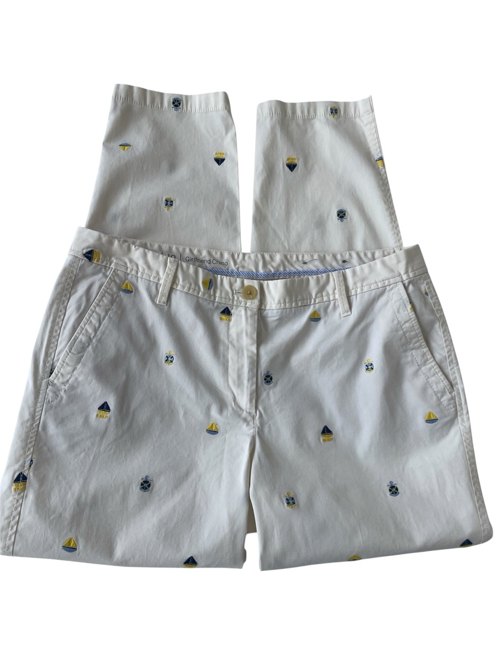 Talbots Girlfriend Chino Pants Cream Embroidered Nautical Print Woman's 10